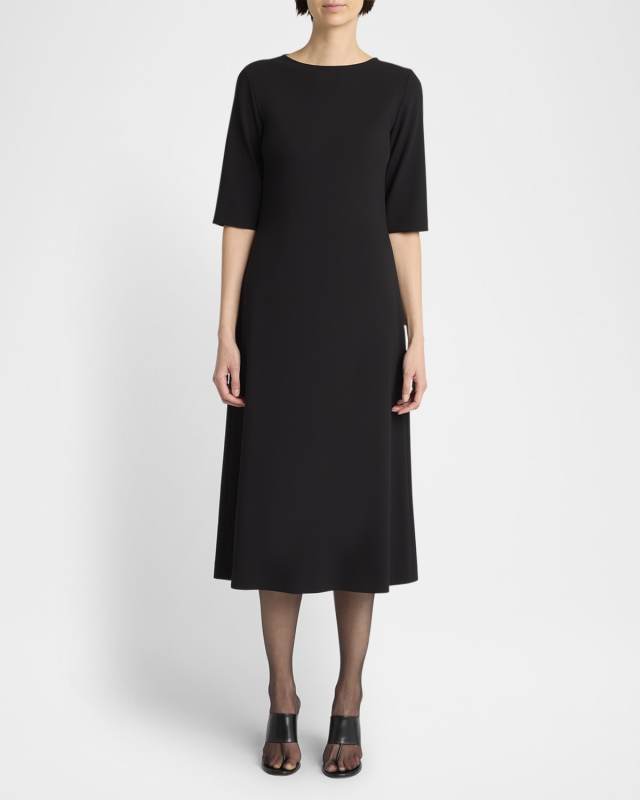 Solene Elbow-Sleeve Crepe Midi A-Line Dress